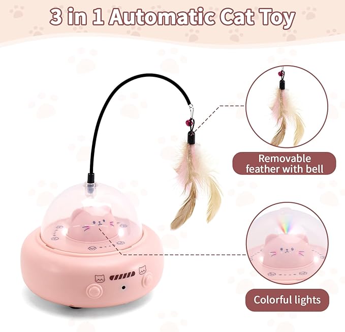 Automatic Cat Toys with Feathers, Interactive Cat Toy for Indoor Exercise, Rechargeable Teasing Toys for Indoor Cats, USB Powered, Smart Standby&Obstacle Avoidance(Pink)