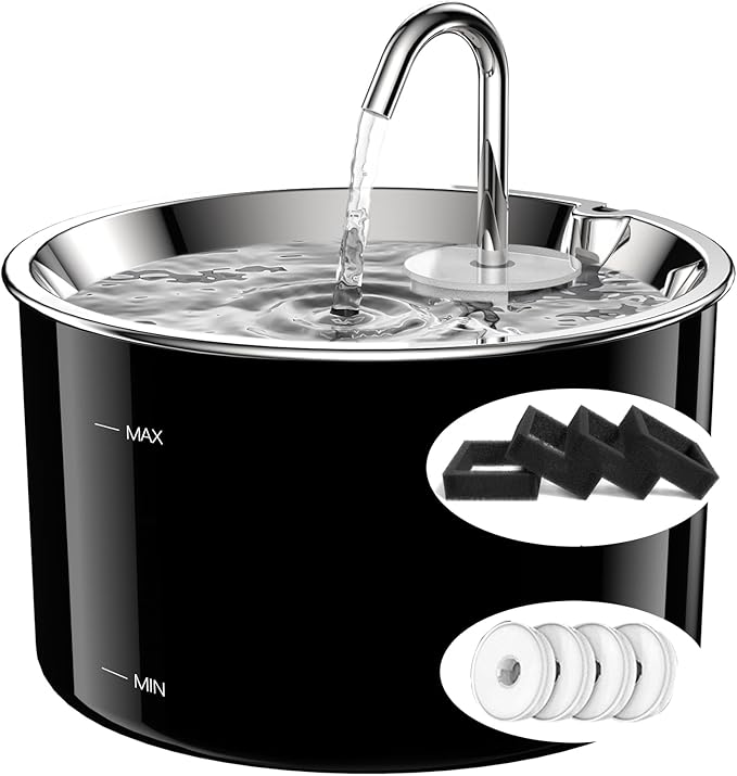 Cat Water Fountain Stainless Steel,3 L/ 101 oz Pet Water Fountain with 5-Stage Circulating Filtration System,Cat Fountain with Quiet Pump for Cats, Dogs (4 Filters + 4 Sponges)