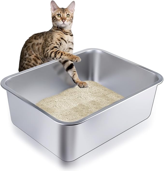 Stainless Steel Cat Litter Box - Metal High-Sided Litter Pan for Cats, Rabbits, and Pets, Non-Stick, Odor-Free, Easy to Clean, Splash-Proof, Sturdy and Durable Indoor Cat Toilet Supplies