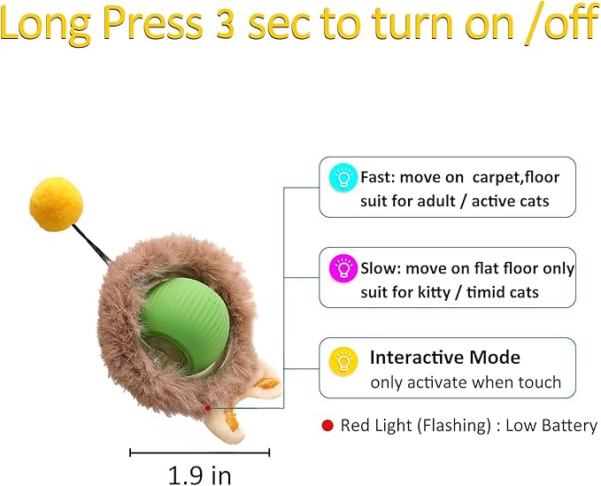 Interactive Cat Toy Ball for Indoor Cats, 2025 New Fast Self Rolling Ball Cat Toy on Carpet, Smart Interactive Automatic Cat Toy Ball for Gifts for Indoor Cats, Moving Cat Toy Ball-Plush Style(Green)