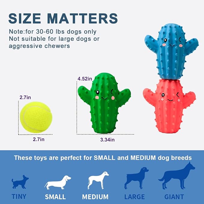 3 Pack Squeaky Dog Toys for Medium Dogs, Soft Latex Rubber Cactus Dog Ball, Cute Bounce Squeak Pet Toy
