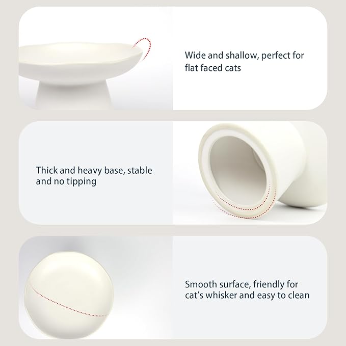 Extra Wide 6.1" Raised Cat Food Bowl, Shallow Ceramic Elevated Cat Feeder, Anti Vomiting, Stress Free, Whisker Fatigue, Pet Food or Water Bowl, White