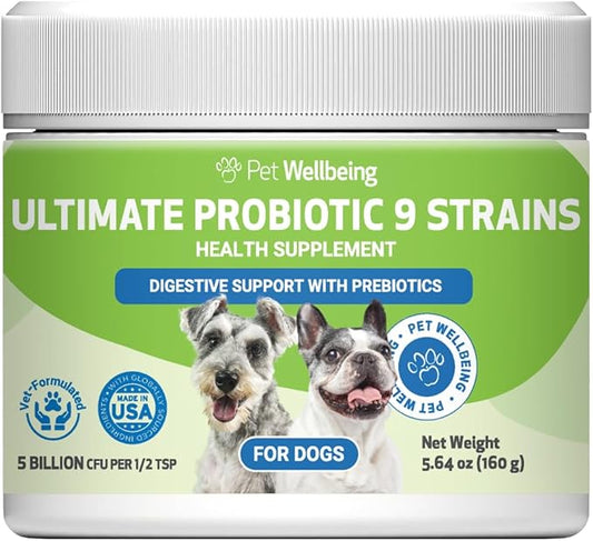 Pet Wellbeing - Ultimate Probiotic 9 Strains for Cats and Dogs - Natural Support for Digestion and Urinary Tract Health 160 Grams.