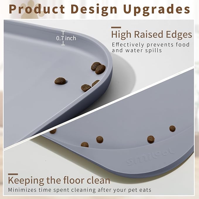 Silicone Pet Feeding Mat with Raised Edge & Residue Collection Pocket for Food and Water, Dog Bowl Mats, Cat Bowls Placemat with High Lip for Floor Waterproof, 19 x 12 x 0.7 Light Gray
