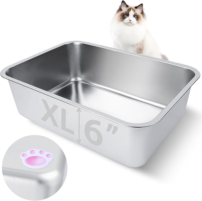Stainless Steel Cat Litter Box for Adult Cats or Kitty/Kitten 19.5"x13.6"x6" Rust-Proof, High Side, Non Stick, No Smell, Easy to Clean Metal Cat Litter Box