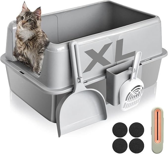 Stainless Steel Litter Box with Lid, 24" XL Extra Large High-Sided Metal Cat Litter Box for Multiple Cats,Anti-Leakage & Non-Stick, Easy to Clean, Includes 2 Scoops&Deodorizer Box, Gray