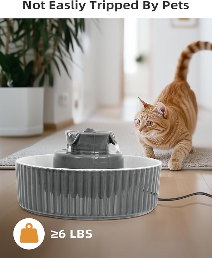 Ceramic Cat Water Fountain, 2.1L/71oz Cupcake Pet Water Fountain for Cats and Dogs, Ultra-Quiet Pump Pet Fountain with Replacement Filter and Foam (Dark Grey)