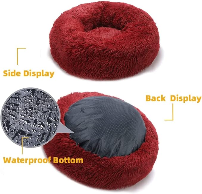 Cat Beds for Indoor Cats - Cat Bed Washable 24 inches, Dog Beds for Small Medium Dogs, Anti Anxiety Round Fluffy Plush Faux Fur Cat Bed, Thick Bottom (Red, Large 24" L x 24" W)