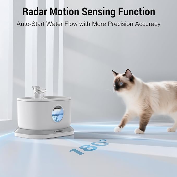 Cordless Cat Water Fountain, 2.6L/88oz Water Fountains for Cats Indoor, Wireless Pump Auto Shut-Off Radar Sensor Automatic Water Dispenser Battery Operated Pet Drinking + 2 * 7-Layer Large Filters