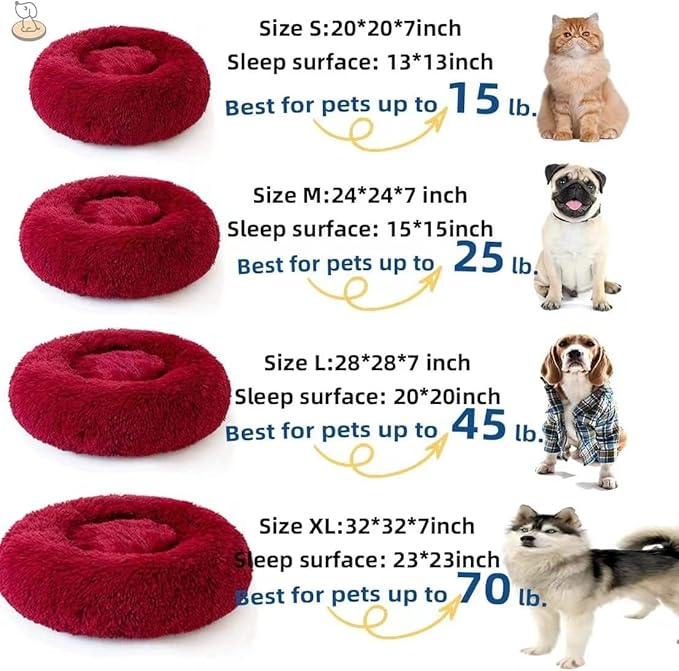 Cat Beds for Indoor Cats - Cat Bed Washable 24 inches, Dog Beds for Small Medium Dogs, Anti Anxiety Round Fluffy Plush Faux Fur Cat Bed, Thick Bottom (Red, Large 24" L x 24" W)