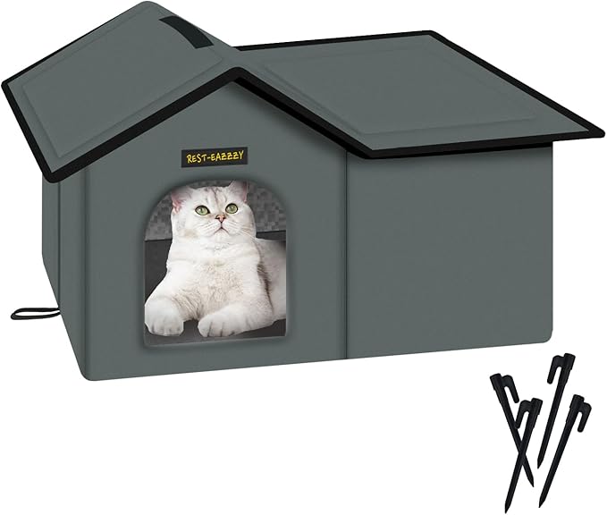 Rest-Eazzzy Cat House for Outdoor Cats, Weatherproof and Insulated Feral Cat House with Mat and Clip, Easy to Put Together, Selfwarming Cat Shelter for Winter(Grey, Waterproof House-L)