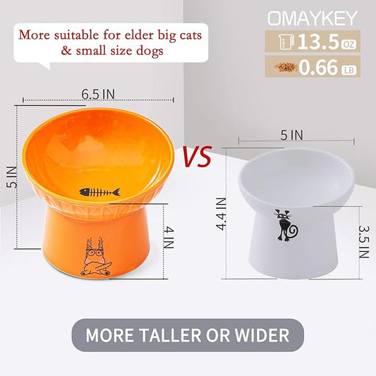 6.5 Inch Extra Wide Ceramic Raised Cat Bowl Set, Tilted Elevated Cat Bowls for Food and Water, Prevent Whisker Fatigue, Stress Free, Less Vomiting, Protect Spine, Lead & Cadmium Free, White & Orange