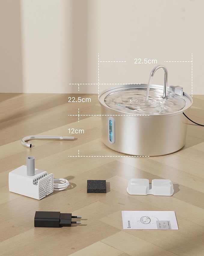 Cat Water Fountain Stainless Steel: 108oz/3.2L Cat Fountain for Drinking - Pet Water Fountain for Cats Inside - Automatic Cat Water Dispenser Bowl - Cat Feeding & Watering Supplies 6 Filters 3 Sponges