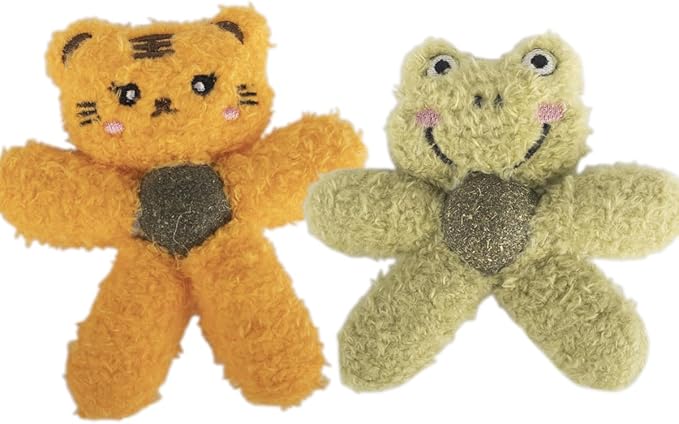 Cat Toys with Catnip Kitten Chew Bite Supplies Boredom Relief Fluffy Kitty Teeth Cleaning Chewing Cat Lovers Interactive Plush Gift (Tiger&Frog)