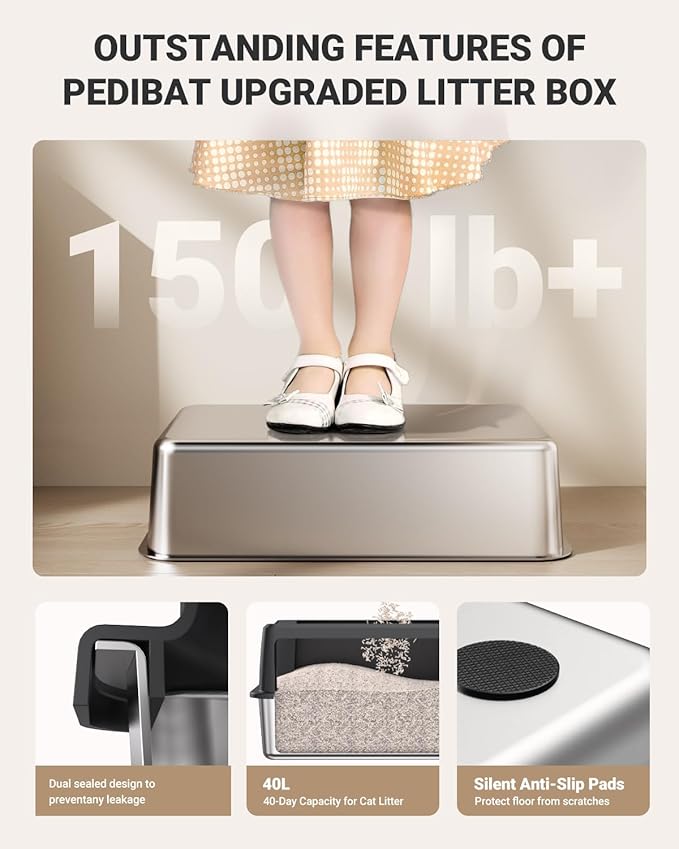 XL Stainless Steel Litter Box, Large Metal Cat Litter Box with High Sided for Big Cats, Enclosed Litter Boxes with Lid, Easy-Clean Cat Litter Mat & Scoop Kit, Anti-Urine Leakage (Black)