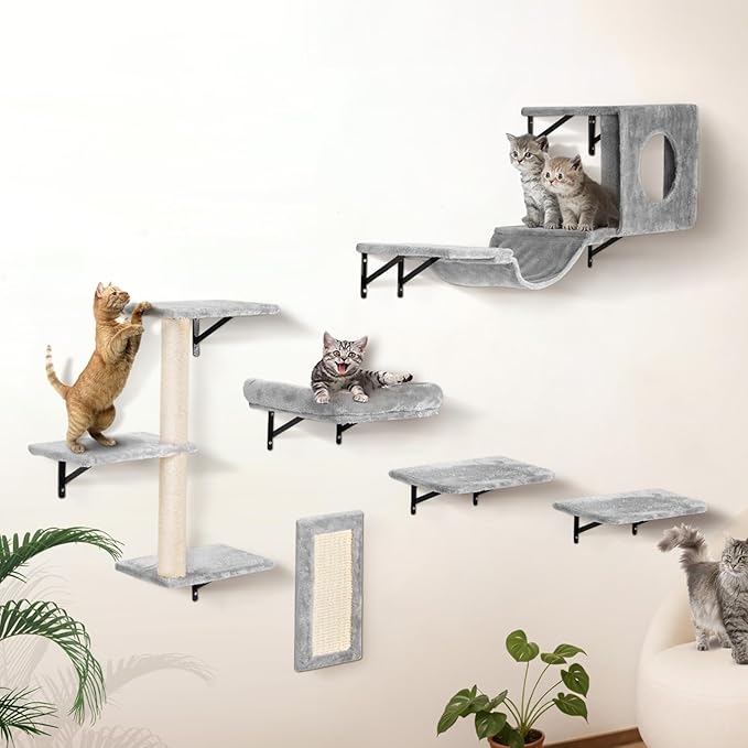 VEVOR Wall Mounted Cat Shelves, Perches with Jumping Boards, Hammock, Sofa, Cat Furniture and Shelves up to 40 lbs for Sleeping, Playing, Climbing, Set of 6