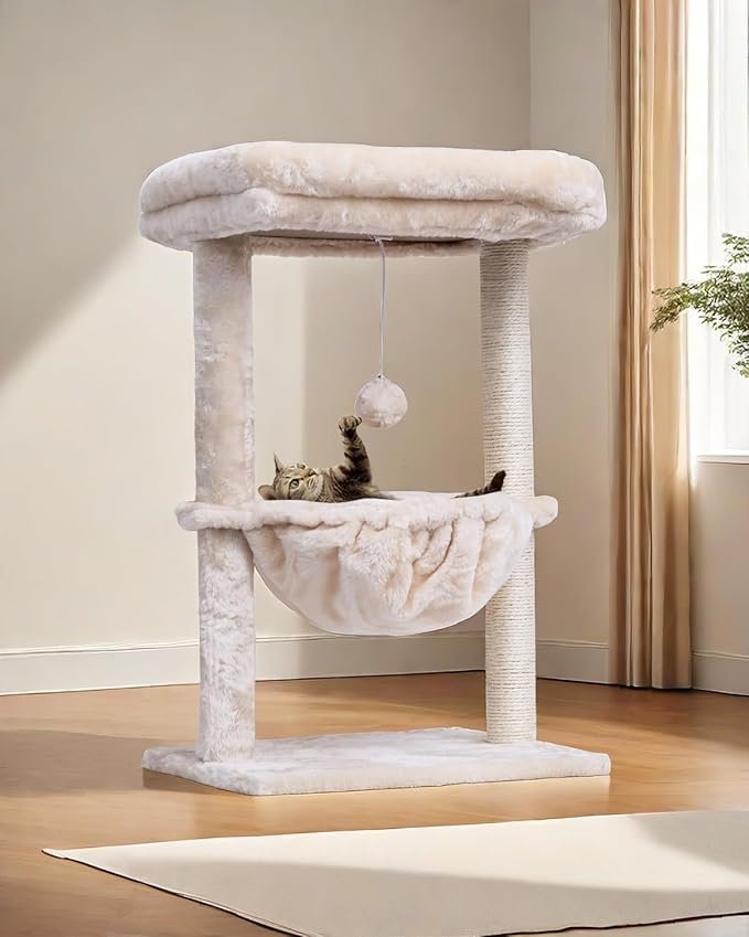 SYANDLVY Small Cat Tree for Indoor Cats, Activity Cat Tower with Scratching Post for Kittens, Cat Furniture with Basket & Hanging Ball for Play Rest, Beige