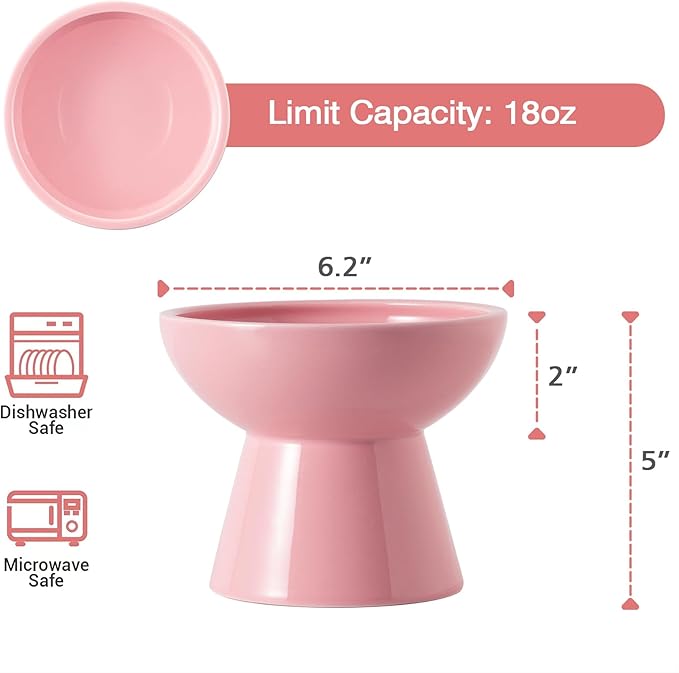 Extra Wide Elevated Ceramic Cat Water Bowl - 6.2" Deeper Dish for Whisker Fatigue Relief, 5" Height for Easy Feeding, Lead & Cadmium Free, Durable Raised Cat Bowls, Pink