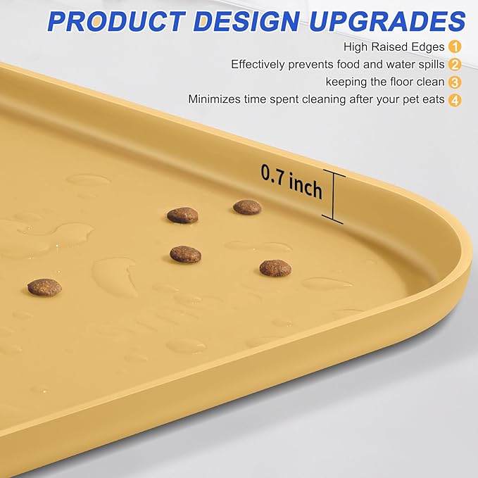 Silicone Pet Feeding Mat with Raised Edge for Food and Water, Dog Bowl Mats, Cat Bowls Placemat with High Lip for Floor Waterproof, Rubber Tray for Cats and Dogs 19 x 12 x0.7 Beige