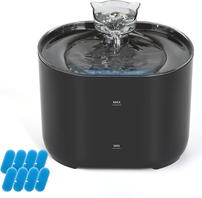 Meill Cat Water Fountain, 75Oz/2.2L Dog Water Bowl Dispenser with Filter Indoor for Small Pets, Automatic Shut-Off for Low Water Level, Water Level Visible, Ultra-Silent, 8 Filters, Black