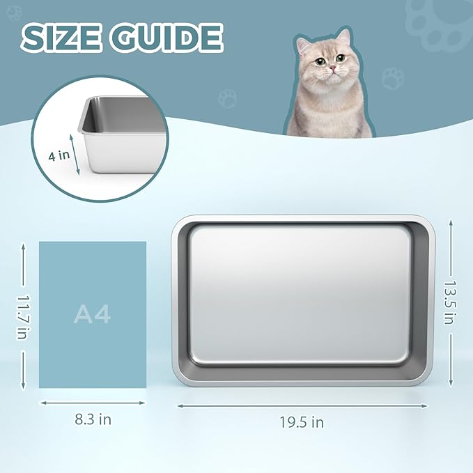 Stainless Steel Cat Litter Box, 4in Shallow Litter Box for Senior Cats and Kittens, Large Metal Litter Pan Nonstick Odor Control Anti-Corrosion