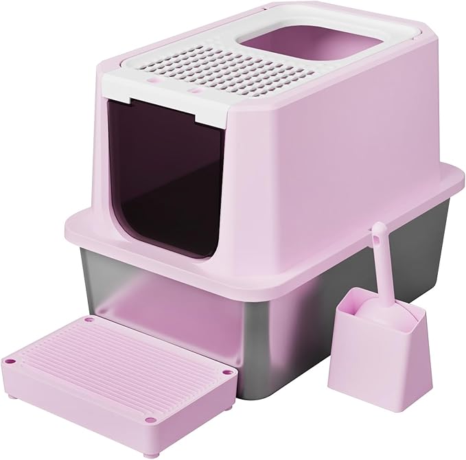 RIZZARI Stainless Steel Cat Litter Box, Semi-Enclosed with Raised Edges, Anti-Leakage & Odorless, Large for Small to Large Cats (Deep Pink, 23.8" L*15.9" W*18" H)