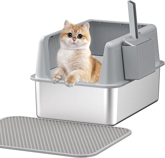 Stainless Steel Cat Litter Box with Lid,XL,19.7”L x 13.8”W x 11.8”H Deep,Metal Litter Box with High Side,for Small and Large Cats,with a Scoop and Scoop Storage Box Litter Mat Double,Easy Cleaning