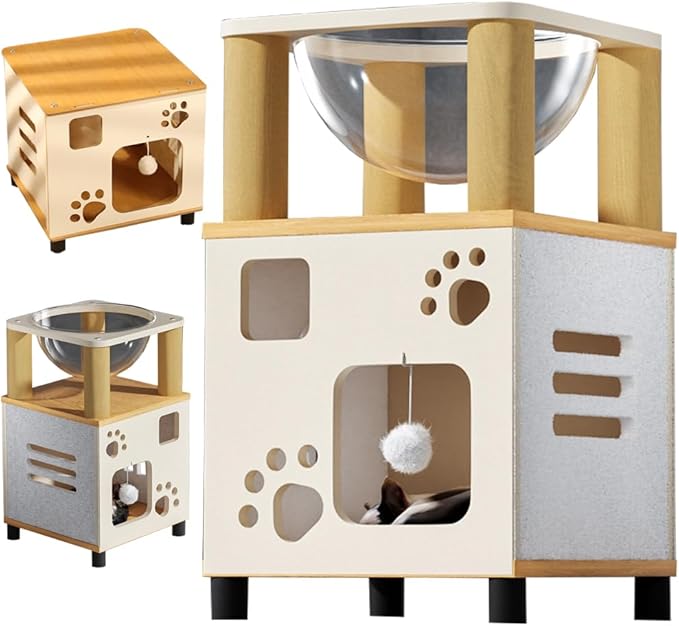 Pet Sleeping House Wooden,Cat Scratcher Box House,Log Color and White Large Cat Shelter,Wooden Box Pet House (Height, 14.96in)