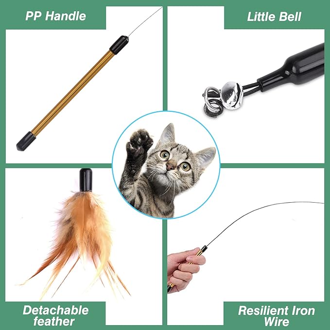 Pawaboo Feather Teaser Cat Toy - Interactive Wand with Extra Long 34.5" Wand and Small Bell, Fun Exerciser Playing Toy for Kittens or Cats, Brown Feather