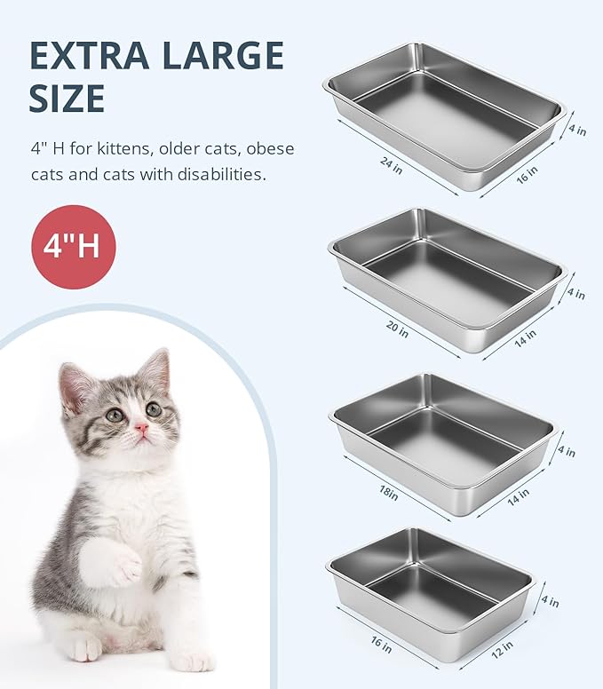 Stainless Steel Cat Litter Box, 4in Shallow Litter Box for Senior Cats and Kittens, Extra Large Metal Litter Pan Nonstick Odor Control Anti-Corrosion