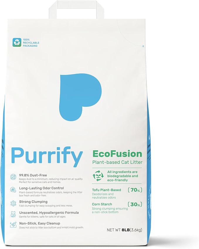 EcoFusion Cat Litter (8lb) – Plant-Based Tofu & Corn Formula, 99.8% Dust-Free, Fast Clumping, Hypoallergenic, Long-Lasting Odor Control, for Multi-Cat Homes