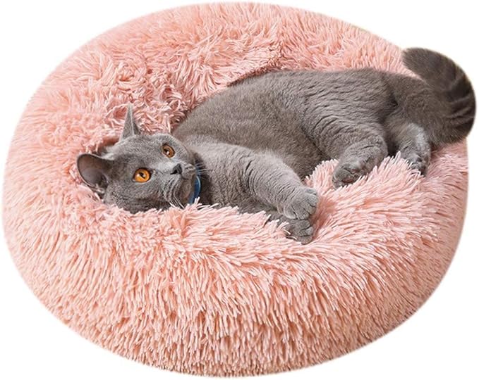 Large Cat Beds for Indoor Cats - Dog Beds for Small Medium Dogs, Anti Anxiety Round Fluffy Plush Faux Fur Pet Bed, Thick Bottom (Pink, Large 24" L x 24" W)