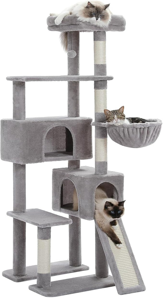 PAWZ Road Cat Tree, 60 Inches Cat Tower with Dual Condos, Spacious Perch, Cozy Basket and Sisal-Covered Scratching Posts for Indoor Cats- Gray