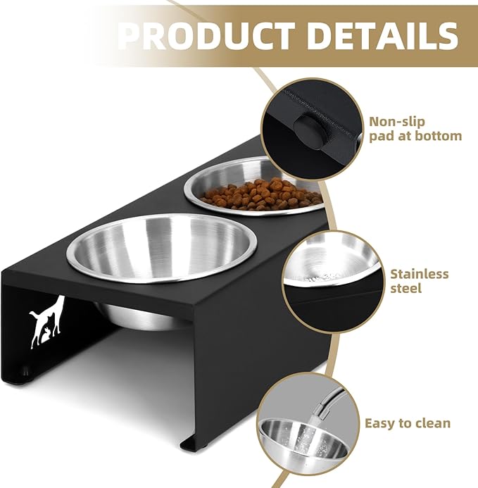 Elevated Cat Food Bowl,15°Tilted Stand Anti Vomiting Raised Cat Dishes for Food and Water,2 Stainless Steel Bowls,Non-Slip No Spill,Cats and Puppy
