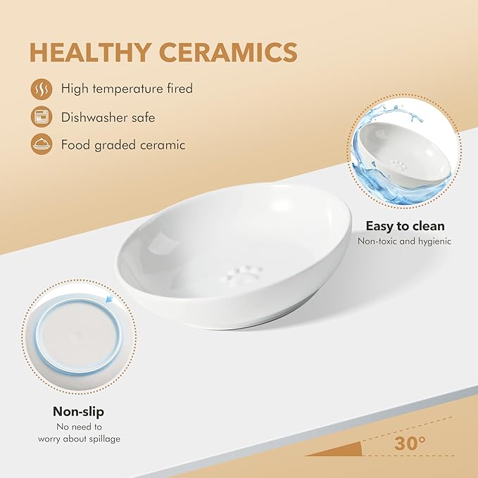 5.7'' Ceramic Wide Whisker Friendly Cat Dishes, Set of 3 Ceramic Cat Bowls, Indoor Kitten Feeding Food& Water Dish to Prevent Whisker Fatigue(3 Pcs,White)