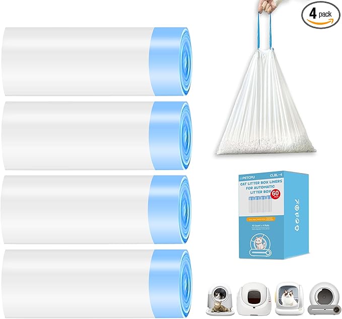 60 Count Cat Litter Box Liners for Self-Cleaning Cat Litter Box, Replacement Kitty Litter Liners, 4 Rolls Drawstring Waste Bags for Small Automatic Litter Boxs, 19.7 x 17.7 Inches（4 Packs/60 Counts）