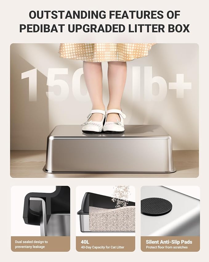 Stainless Steel Cat Litter Box with Scoop, Metal Litter Box High Sided, Cat Litter Box Enclosure, XL Extra Large High-Sided Litter Boxs (Anti-Urine Leakage, Include Scoop) (Black)