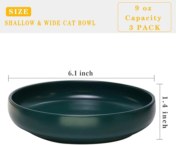 Ceramic Cat Bowls,Shallow Cat Dishes for Food and Water, 6 inch Matte Finish Wide Cat Food Bowl,Whisker Fatigue Free Pet Puppy Kitten Bowl Set of 3,Dishwasher Safe