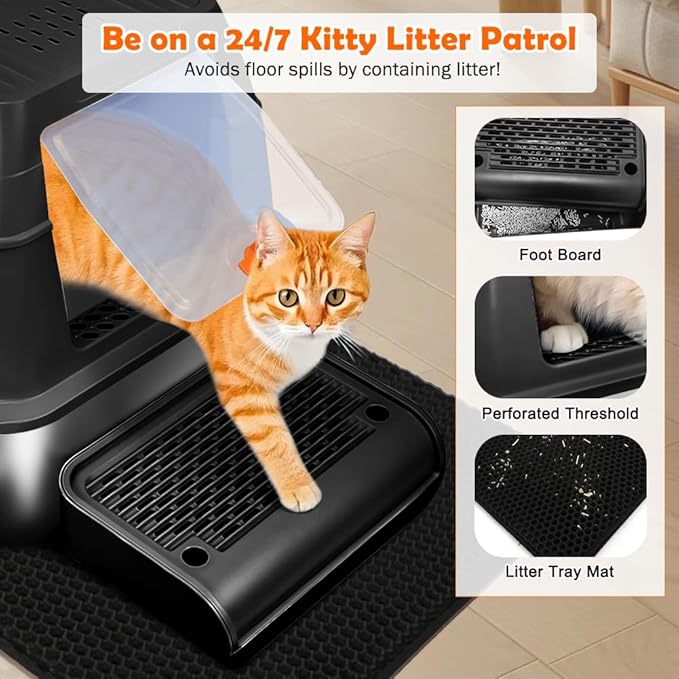 SZEE Stainless Steel Litter Box, XL Top Exit Enclosed Metal Cat Litter Box with Lid & Enclosure, Activated Charcoal Odor Control, Footboard, Trapping Mat & Scoop Included (Black)