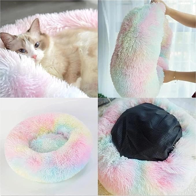 Cat Bed for Indoor Cats and Small Medium Dogs - Washable 20/24 Inches, Anti-Anxiety Round Fluffy Plush Faux Fur, Thick Bottom (Rainbow, Medium)