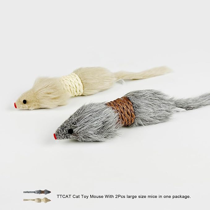 TTcat 2Pcs Cat Mice Toys,Faux Fur Cat Large Size Mice Toys with Plastic Body, Interactive Catch Play Mouse Toy for Indoor Cats and Kittens.