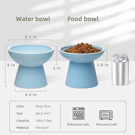 2 Elevated Ceramic Cat Bowls Extra Wide for Food & Water – Whisker Fatigue Shallow Food Dish, Lead & Cadmium-Free, Raised Height for Cats, Blue