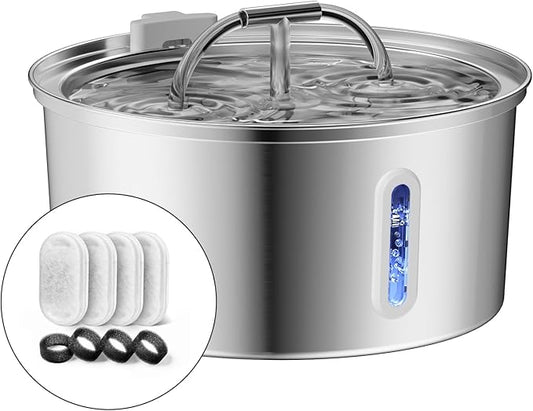 Cat Water Fountain Stainless Steel, 3.2L/108OZ Pet Water Fountain for Drinking,Automatic Metal Dog Water Fountain with 4 Filters & 4 Sponges,Quiet Pump,Dual-Stream for Cats, Dogs,Multiple Pets Indoor