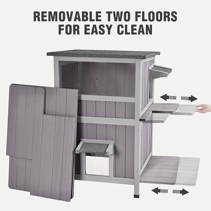 Outdoor Cat House Weatherproof, Heated Feral Cat House with Insulated Liner, 2-Storys Wooden Stray Cat Shelter for Winter