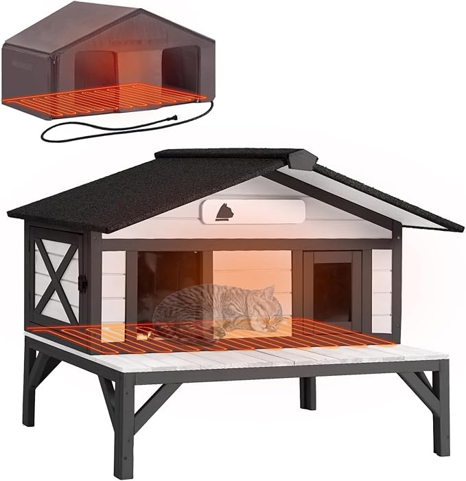 Heated Outdoor Cat House - Heavy-Duty Triple-Layer Weatherproof Shelter with Thermal Liner, Openable Roof & Escape Doors for Winter(92-Black)