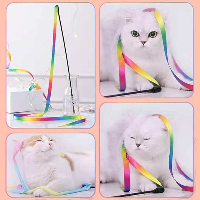LASOCUHOO Interactive Cat Rainbow Wand Toys, Interactive Cat Teaser Wand String, Colorful Ribbon Charmer for Most Cats and Kittens - 2 Packs