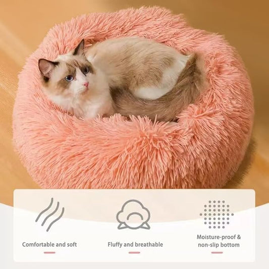 Cat Beds for Indoor Cats, Dog Bed, Cat Bed, Machine Washable, Fluffy Round Pet Bed Non-Slip, Autumn and Winter Warmth, Cuddler Cushion Self Warming (Black, 24 inch)