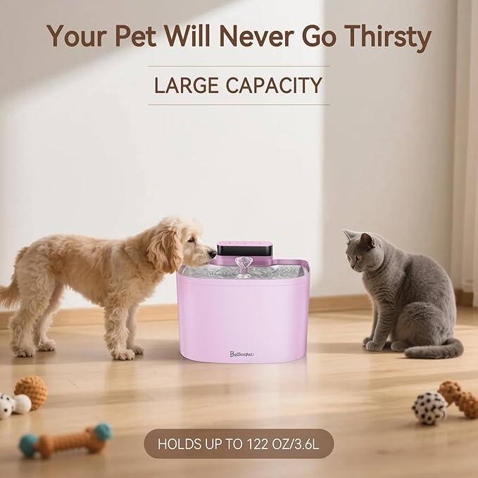 Cat Water Fountain, 122oz/3.6L Pumpless Cat Fountain, Cordless Water Fountains for Cats Indoor, Dog Pet Water Fountain Battery Operated with Stainless Steel Tray (Pink, Fountain+8 Fliters)