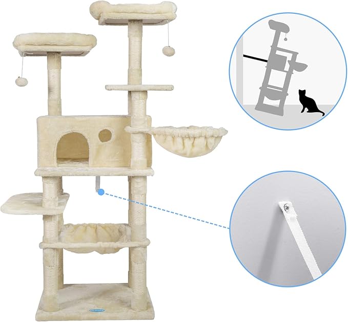 Hey-brother Cat Tree for Large Cats, Cat Tower with Scratching Posts, 2 Padded Plush Perches, Big Condo and Cozy Basket, Beige MPJ025M