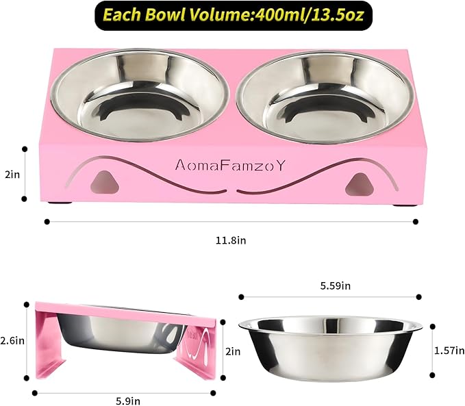 2 Pack Cat Food Bowls - Indoor Set with Metal Stand,5° Tilted Anti Vomiting Wide Raised Pet Dish, Cute Elevated Cat Feeding Station for Food Water, 4 Stainless Steel Bowls for Kitten, Puppy,Pink
